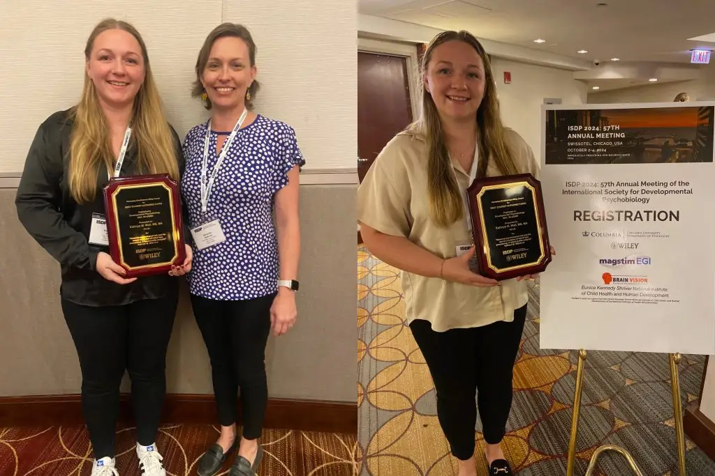 Hennessy-Smotherman-Wiley Award for BEST STUDENT-AUTHORED PAPER Published in Developmental Psychobiology 2024, 66:e22405 Presented to: Kathryn M. Wall, MS, MA for "Maternal psychological risk and the neural correlates of infant face processing: A latent profile analysis” Kathryn M. Wall et al.